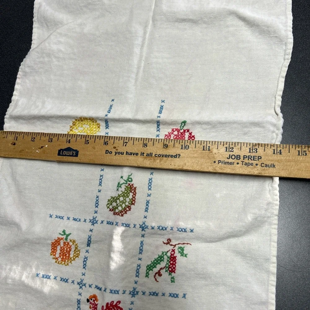Hand Sewn Cross Stitch Kitchen Towel Vintage Fruits Rooster Vegetables